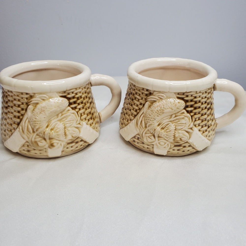 Vintage Set 2 Coffee Cups Fish Wicker Basket Weave Mugs Ceramic Pottery Fishing
